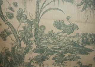 2 Yards Marius Boudin Ostrich & Monkey Toile Green & Tan French Linen 8