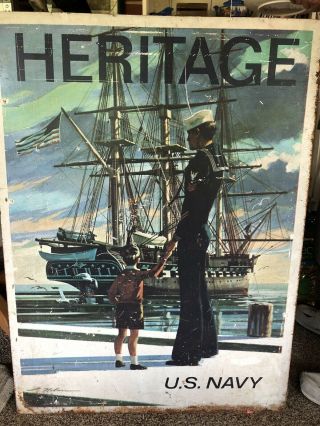 Vintage 1974 Navy Recruiting Metal Sign 2 Sided 41 X 30 "