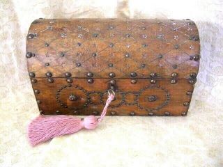 Vintage Leather Studded Jewel Box Casket Jewellery With Key