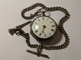 Graves Of London Sterling Silver Verge Fusee Pocket Watch With Chain & 2 Keys