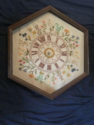 Vtg Needle Point Crewel Wall Clock In Frame Hexagonal Shape With Floral Design