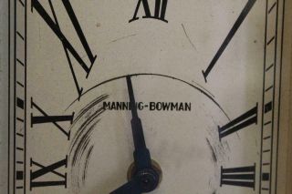 Vintage Manning Bowman Art Deco Skyscraper Mantle Clock Quartz w/ Inlaid Wood 2