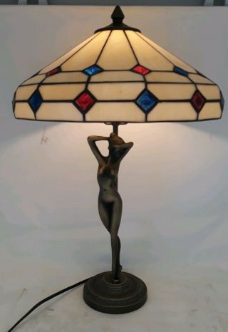 Vintage Mid Century Tiffany Brass Stained Glass Nude Female Bedside Table Lamp