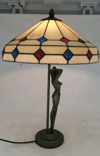 Vintage mid century tiffany brass stained glass nude female bedside table lamp 2