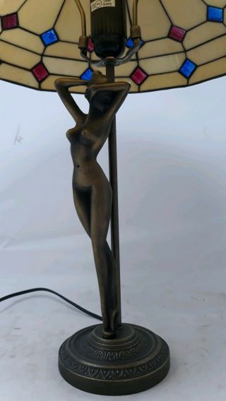 Vintage mid century tiffany brass stained glass nude female bedside table lamp 3