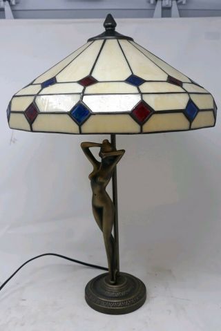 Vintage mid century tiffany brass stained glass nude female bedside table lamp 5