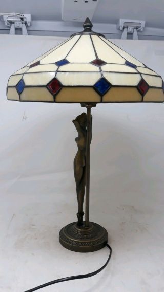 Vintage mid century tiffany brass stained glass nude female bedside table lamp 6