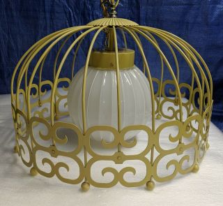 Vintage Mid Century Modern Chandelier Yellow Light Fixture Bird Cage Design