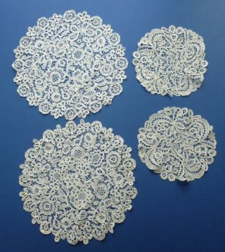 Four Victorian Honiton Lace Doilies In Two Sizes,  One With Butterflies