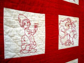 Antique Vtg early 1900 ' s 1910 ' s Redwork Quilt 42 red embroidery 3