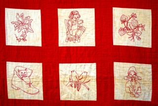 Antique Vtg early 1900 ' s 1910 ' s Redwork Quilt 42 red embroidery 7