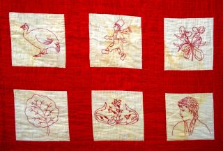 Antique Vtg early 1900 ' s 1910 ' s Redwork Quilt 42 red embroidery 8