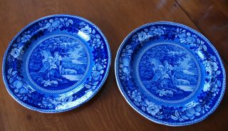 19th C.  Dark Blue " Sheltered Peasants " Staffordshire 10 " Plates