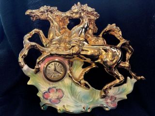 Vtg Italy Figure Running Horses Clock Signed Number 2092 24kt Gold Painted Rare
