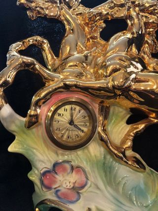 VTG ITALY FIGURE RUNNING HORSES CLOCK SIGNED NUMBER 2092 24KT GOLD PAINTED RARE 2