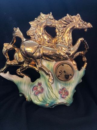 VTG ITALY FIGURE RUNNING HORSES CLOCK SIGNED NUMBER 2092 24KT GOLD PAINTED RARE 3