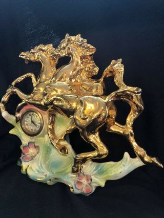 VTG ITALY FIGURE RUNNING HORSES CLOCK SIGNED NUMBER 2092 24KT GOLD PAINTED RARE 4