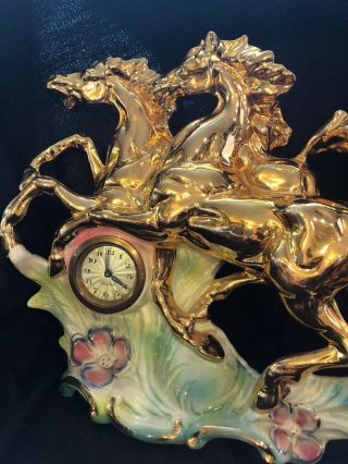 VTG ITALY FIGURE RUNNING HORSES CLOCK SIGNED NUMBER 2092 24KT GOLD PAINTED RARE 6