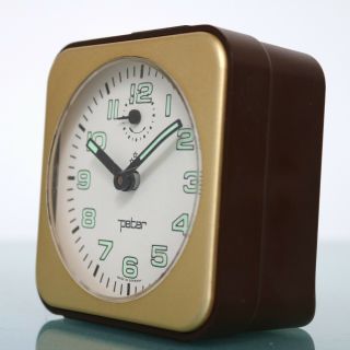 Vintage Peter German Alarm Clock Mantel Specialty Brass Front Mid Century Wind