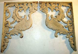 Antique Pair Solid Cast Iron Architectural Salvage Bird & Flower Shelf Brackets