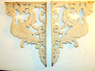 Antique Pair Solid Cast Iron Architectural Salvage Bird & Flower Shelf Brackets 2