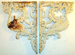 Antique Pair Solid Cast Iron Architectural Salvage Bird & Flower Shelf Brackets 3