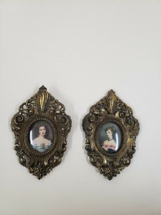 Vintage Brass Miniature Portraits Made In Italy Mid Century 2 Piece Set