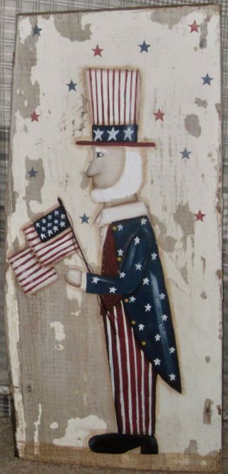 Primitive Hp Folk Art Prim Uncle Sam Flag Old Reclaimed Wood