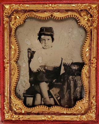 Antique 19th C Civil War Era Ambrotype Photograph Of A Boy In Soldier Uniform