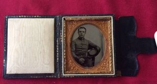Confederate Soldier Sitting Tintype In Leather Case 4