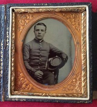Confederate Soldier Sitting Tintype In Leather Case 5