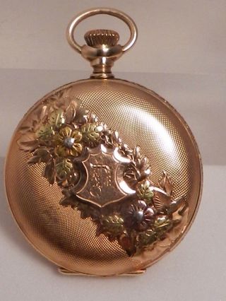 Ornate Solid 14k Tricolor Gold Waltham Pocket Watch,  Hunting Case,  Runs Bird,  Runs