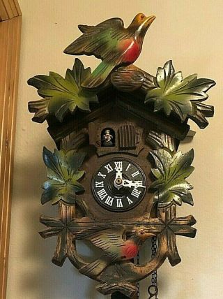 Vtg West German Cuckoo Clock Black Forest Colorful Musical 4 Repair,  3 Weights