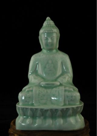 China Old Green Glaze Porcelain Handmade Buddha Lotus Base Statue Ab01e