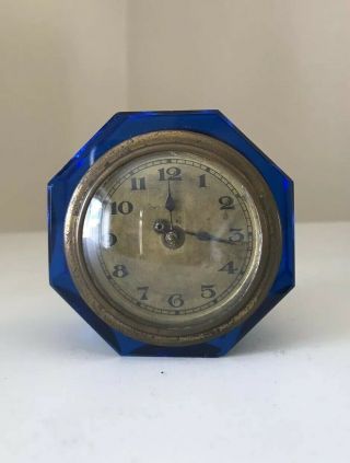 Lovely Art Deco Small Blue Glass Wind Up Clock Vintage