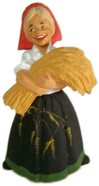Vintage Henning Norway Hand Carved Wood Figurine Lady With Wheat Sheaves