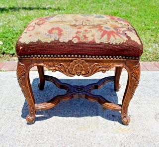 Antique French Victorian Carved Fruitwood Needlepoint Footstool -