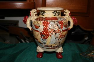 Antique Moriage Satsuma Vase Jar - Dog Handles - Footed - Samurai Men