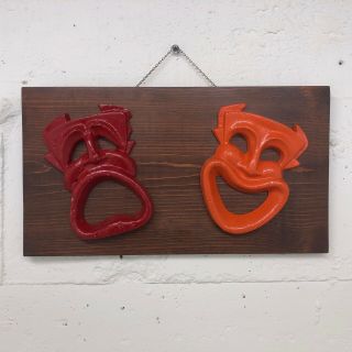 Mid Century Modern Metal Wall Art - Tragedy & Comedy Masks - Tiki 1950’s Wood