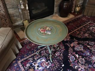 Antique Hand Painted Floral Tole Tray W Folding Metal Table Stand - Nashco Usa