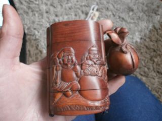 Vintage Three Section Wooden Inro With Fishermen/elder & Netsuke - Signed/grt Co