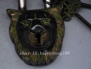 Collect Rare Old Chinese Ancient Bronze Animals Lion Head Door Key Lock d02 2