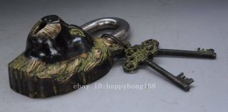 Collect Rare Old Chinese Ancient Bronze Animals Lion Head Door Key Lock d02 3