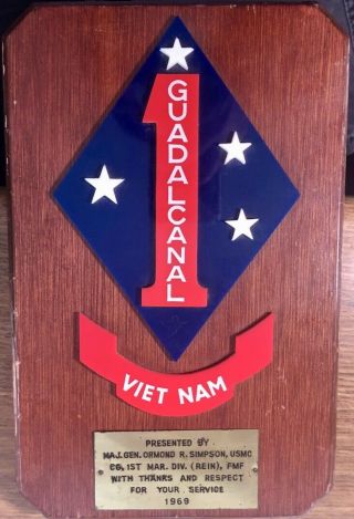 1969 Vietnam War Plaque Gudalcanal 1st Marine Division Gen.  Ormond Simpson
