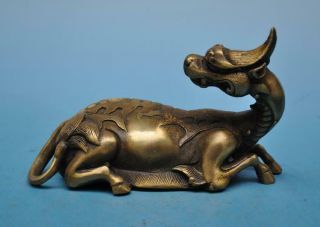 Chinese Old Fengshui Copper Hand - Carved Unicorn Dragon Horse Statue E01