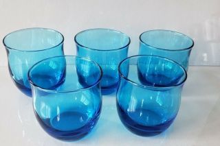 Vintage Hand Blown Glass Aqua Blue 5 Glasses 10oz Mid Century Modern Retro Chic