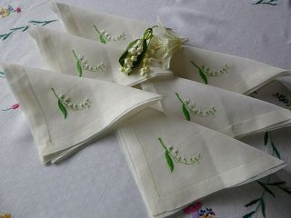 Vintage Hand Embroidered Organza Napkins X 6/beautiful Lily Of The Valley