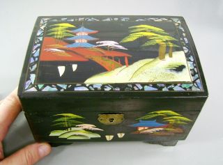 BLACK LACQUER WARE ENAMEL MUSICAL TRINKET JEWELRY BOX OLD ANTIQUE ASIAN JAPANESE 2