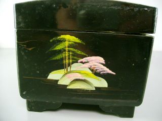 BLACK LACQUER WARE ENAMEL MUSICAL TRINKET JEWELRY BOX OLD ANTIQUE ASIAN JAPANESE 4