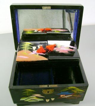 BLACK LACQUER WARE ENAMEL MUSICAL TRINKET JEWELRY BOX OLD ANTIQUE ASIAN JAPANESE 5